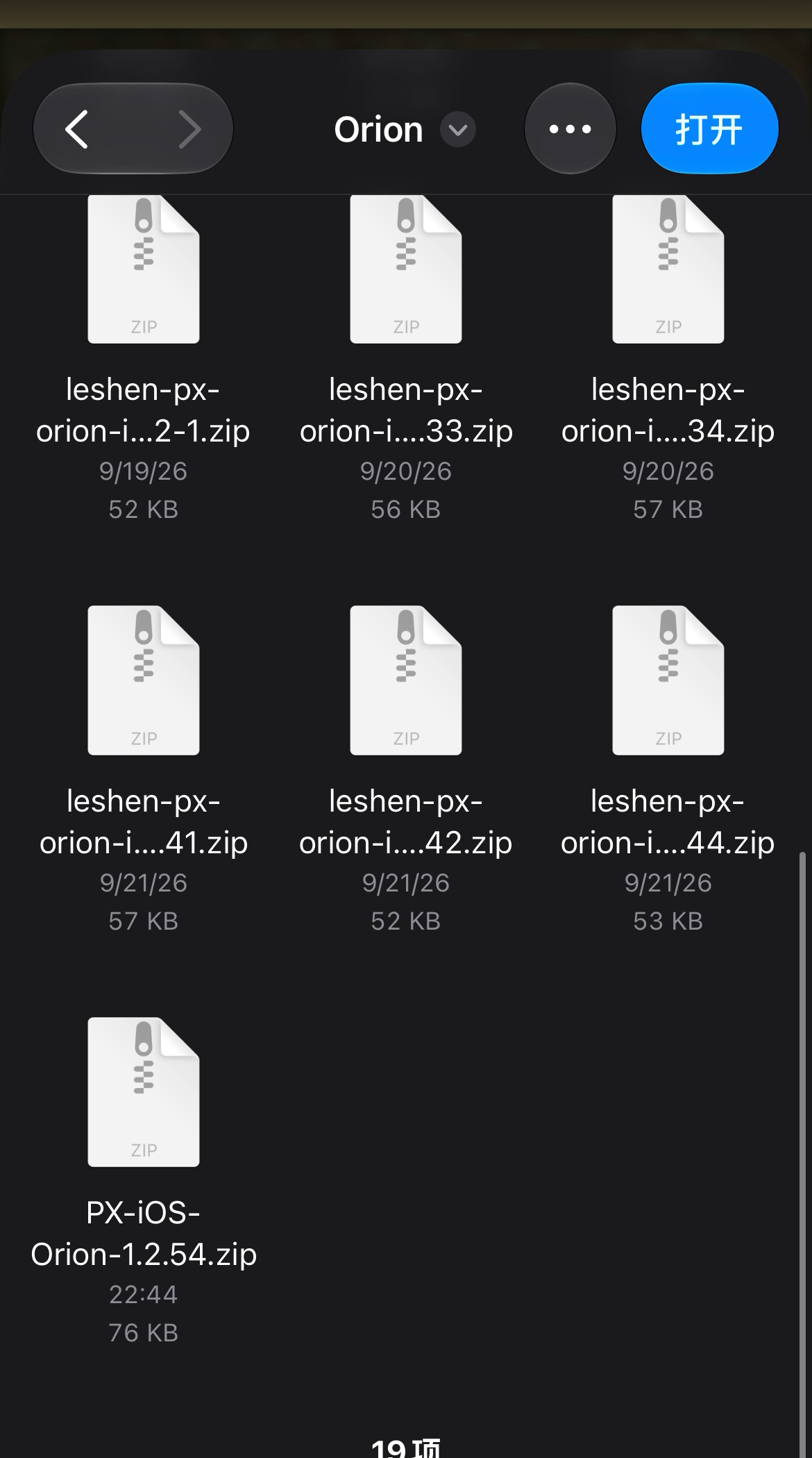 iPhone 文件选择器中的 PX iOS Orion 1.2.54 ZIP